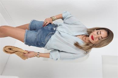 Kendinden Desenli Gri Transparan Gömlek