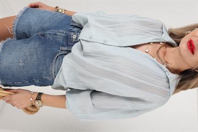 Kendinden Desenli Gri Transparan Gömlek