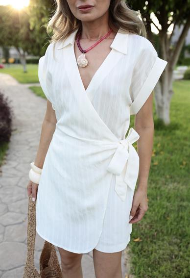 Kendinden Desenli Kruvaze Ekru Tulum