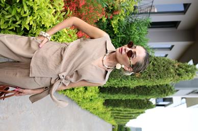 Kendinden Desenli Kruvaze Gömlekli Kahve Takım