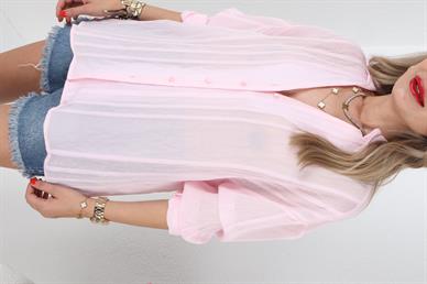 Kendinden Desenli Pembe Transparan Gömlek