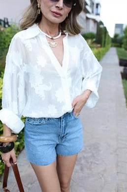 Kendinden Desenli Trasparan Oversize Gömlek