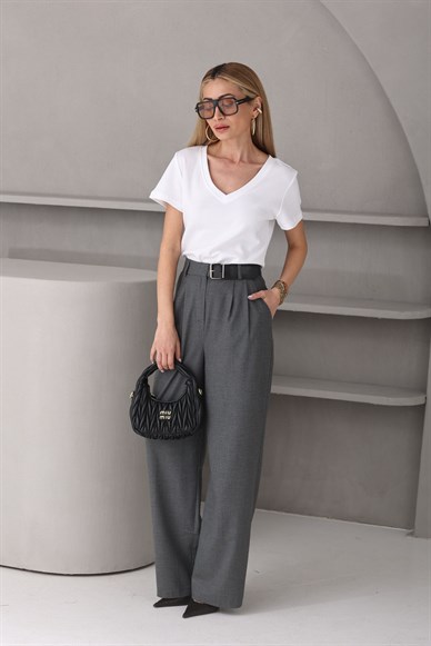 Kendinden Kemerli Füme palazzo Pantolon