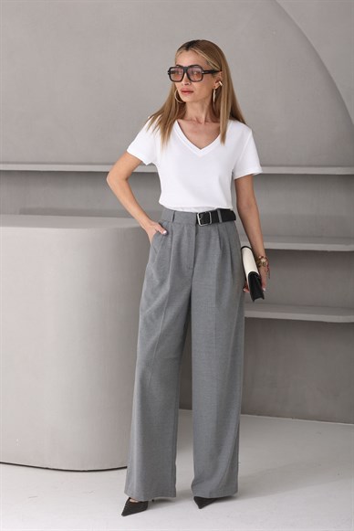 Kendinden Kemerli Gri Palazzo Pantolon