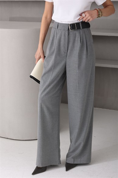 Kendinden Kemerli Gri Palazzo Pantolon