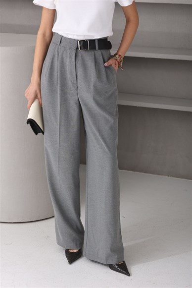 Kendinden Kemerli Gri Palazzo Pantolon