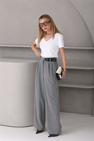 Kendinden Kemerli Gri Palazzo Pantolon