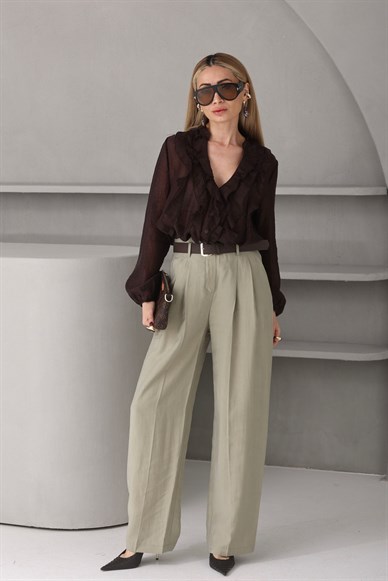 Kendinden Kemerli Haki Tensel Kumaş Pantolon