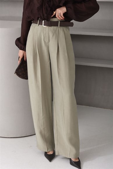 Kendinden Kemerli Haki Tensel Kumaş Pantolon