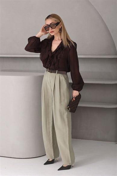 Kendinden Kemerli Haki Tensel Kumaş Pantolon