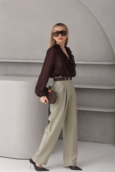 Kendinden Kemerli Haki Tensel Kumaş Pantolon