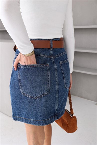 Kendinden Kemerli Mini Denim Etek