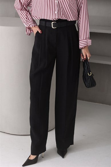 Kendinden Kemerli Siyah Tensel Kumaş Pantolon