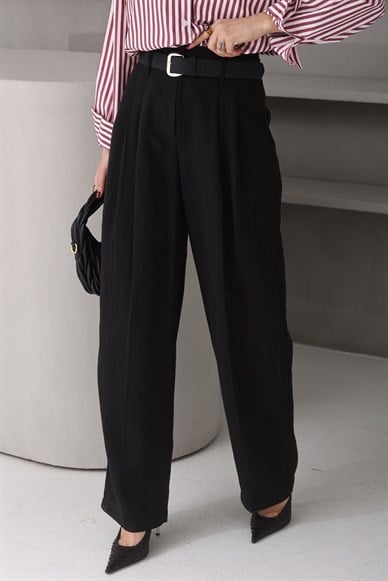 Kendinden Kemerli Siyah Tensel Kumaş Pantolon