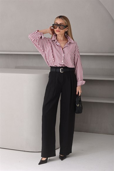 Kendinden Kemerli Siyah Tensel Kumaş Pantolon