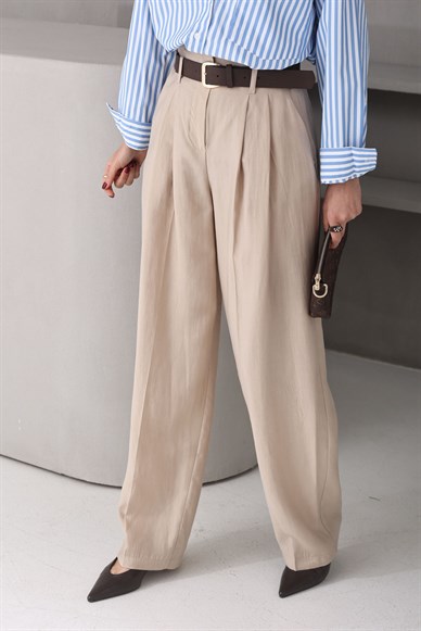 Kendinden Kemerli Taş Tensel Kumaş Pantolon