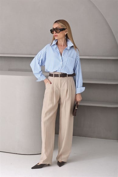 Kendinden Kemerli Taş Tensel Kumaş Pantolon