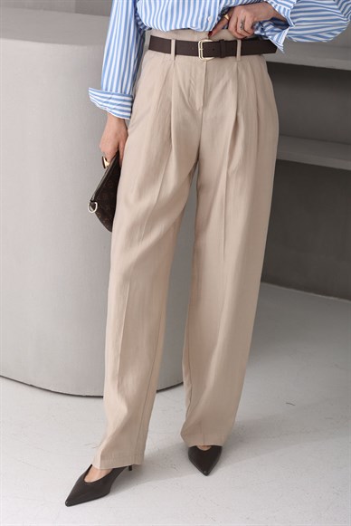 Kendinden Kemerli Taş Tensel Kumaş Pantolon