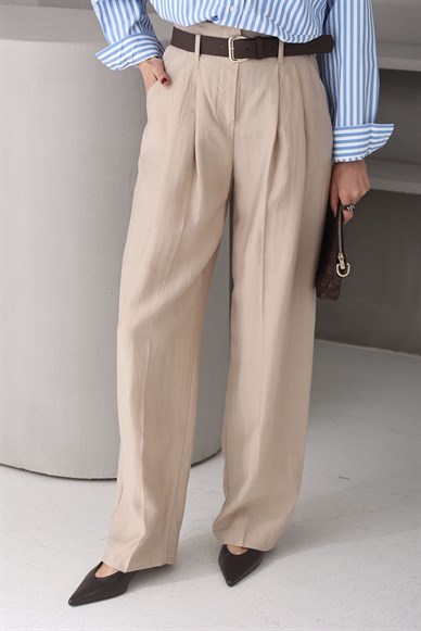 Kendinden Kemerli Taş Tensel Kumaş Pantolon