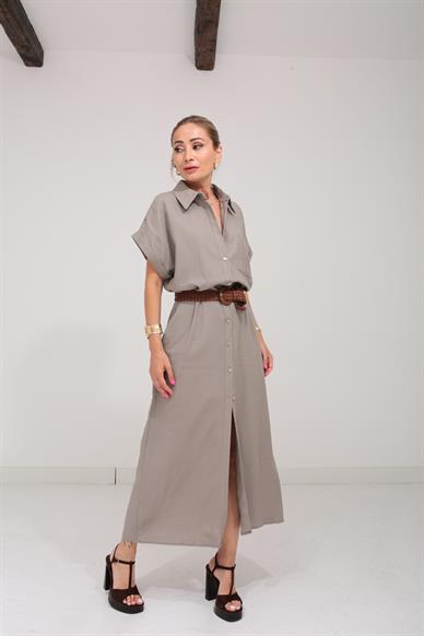 Kendinden Kemerli Vizon Keten Elbise