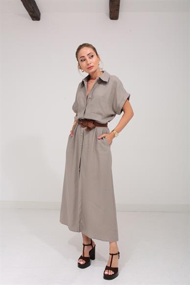 Kendinden Kemerli Vizon Keten Elbise