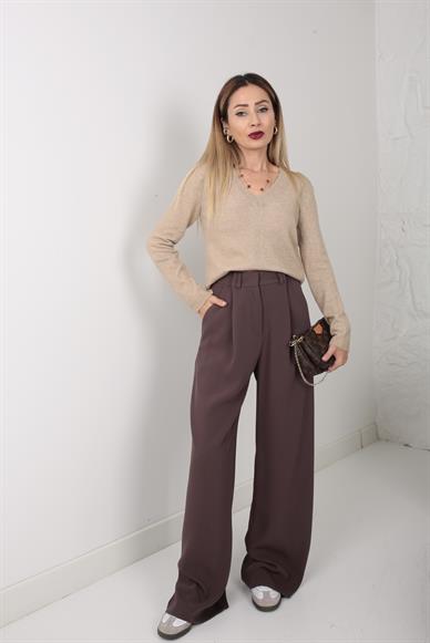 Kırma Pile Kahverengi Palazzo Pantolon
