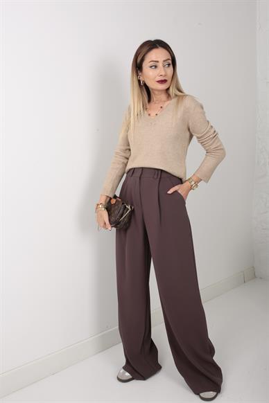 Kırma Pile Kahverengi Palazzo Pantolon
