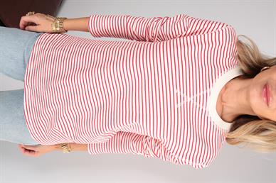 Kırmızı İnce Çizgili Uzun Kol Tshirt