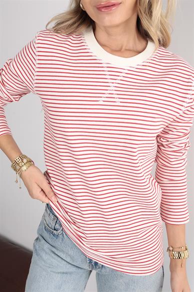 Kırmızı İnce Çizgili Uzun Kol Tshirt