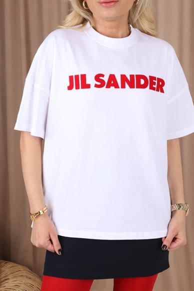 Kırmızı Jil Sander Baskılı Beyaz Basic Tshirt