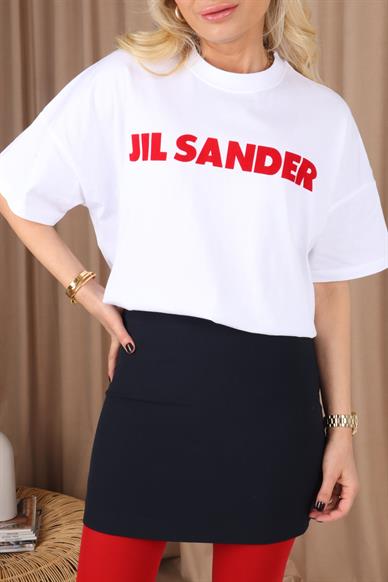 Kırmızı Jil Sander Baskılı Beyaz Basic Tshirt