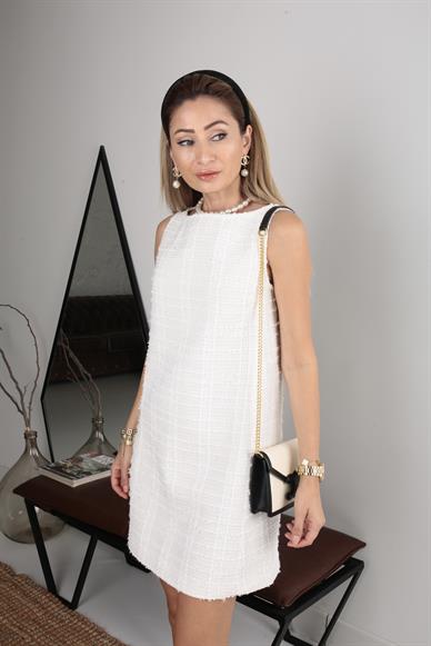 Kolsuz Ekru Mini Tüvit Elbise