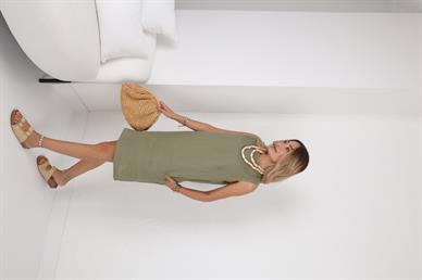 Kolsuz Haki Ham Keten Kısa Elbise