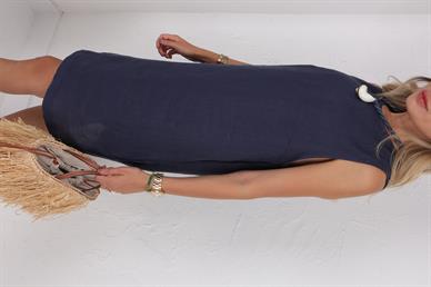 Kolsuz Lacivert Ham Keten Kısa Elbise