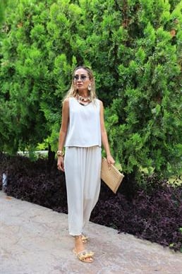 Kolsuz Tensel Kumaş Taş Bluz Pantolon Takım