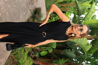 Kolsuz Tokalı Siyah Kruvaze Ham Keten Elbise