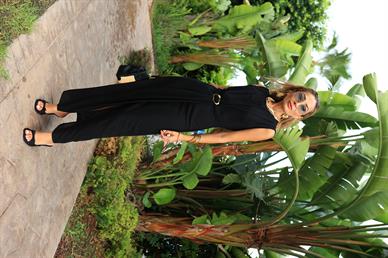 Kolsuz Tokalı Siyah Kruvaze Ham Keten Elbise