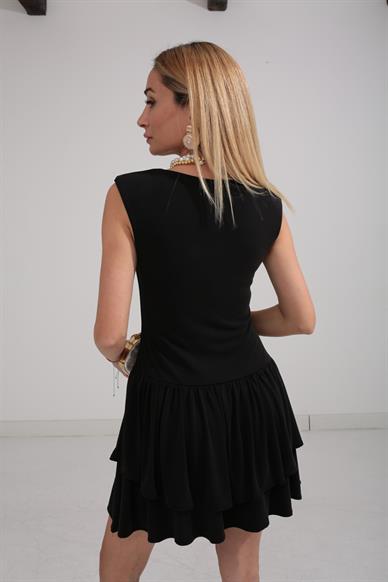 Kolsuz Vatkalı Siyah Katlı Model Elbise
