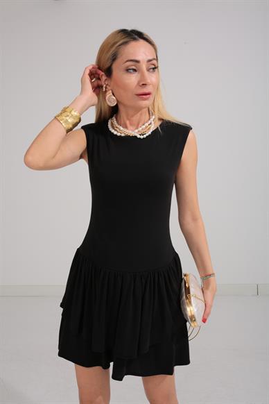 Kolsuz Vatkalı Siyah Katlı Model Elbise