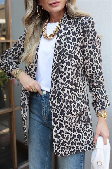 Kolu Büzgülü leopar Desen Blazer Ceket