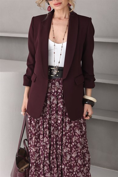 Kolu Büzgülü Mürdüm Blazer Ceket