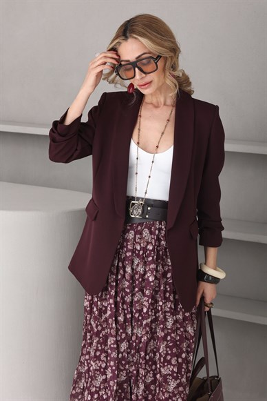 Kolu Büzgülü Mürdüm Blazer Ceket
