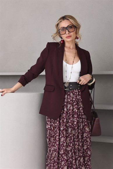 Kolu Büzgülü Mürdüm Blazer Ceket