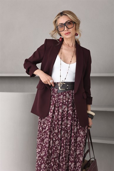 Kolu Büzgülü Mürdüm Blazer Ceket