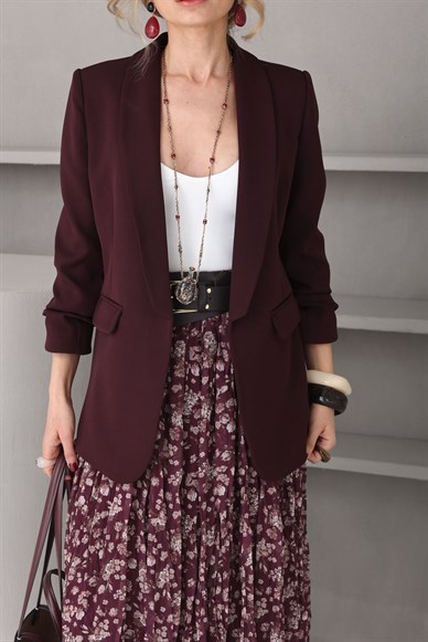 Kolu Büzgülü Mürdüm Blazer Ceket