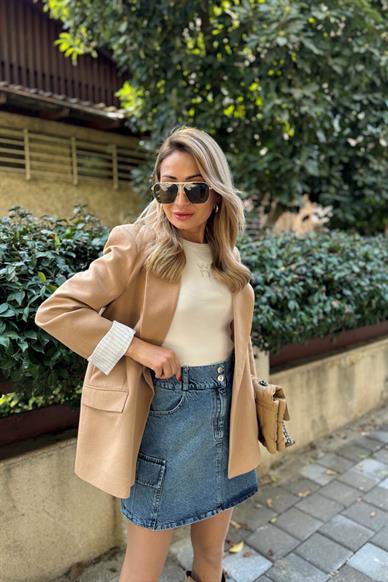 Kolu Katlı Çizgili Astarlı Camel Keten Blazer Ceket