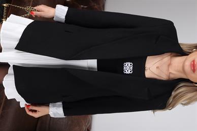 Kolu Katlı Çizgili Astarlı Siyah Keten Blazer Ceket
