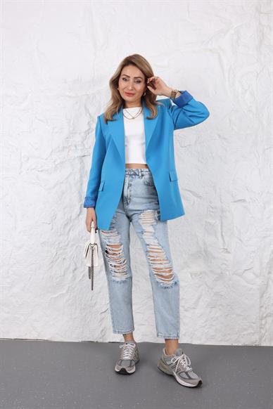Kolu Katlı Kruvaze Mavi Blazer Ceket