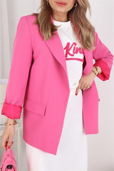 Kolu Katlı Kruvaze Pembe Blazer Ceket