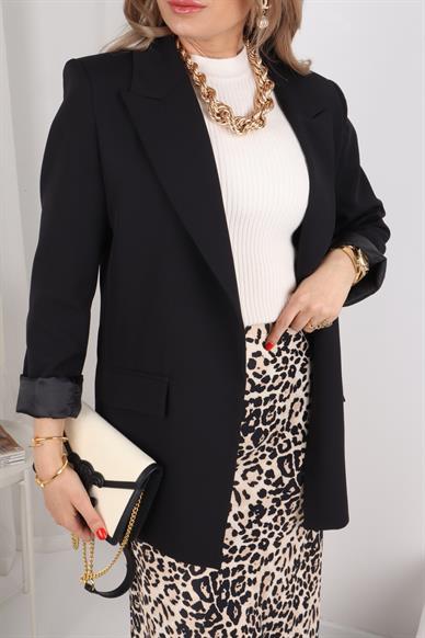 Kolu Katlı Kruvaze Siyah Blazer Ceket